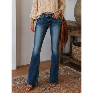 VTG Earl Jean Blue Flare Jeans Size 5 Medium Wash Stretch Low Rise Y2K Denim